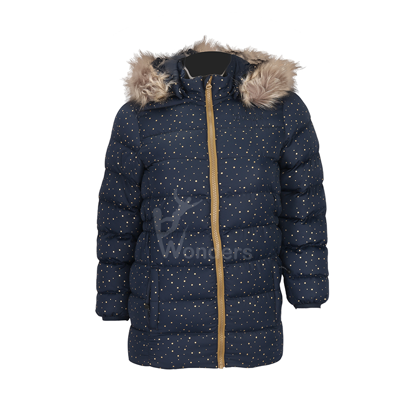 Kids jacket padded puffer dot print  jacket with  fake fur hood